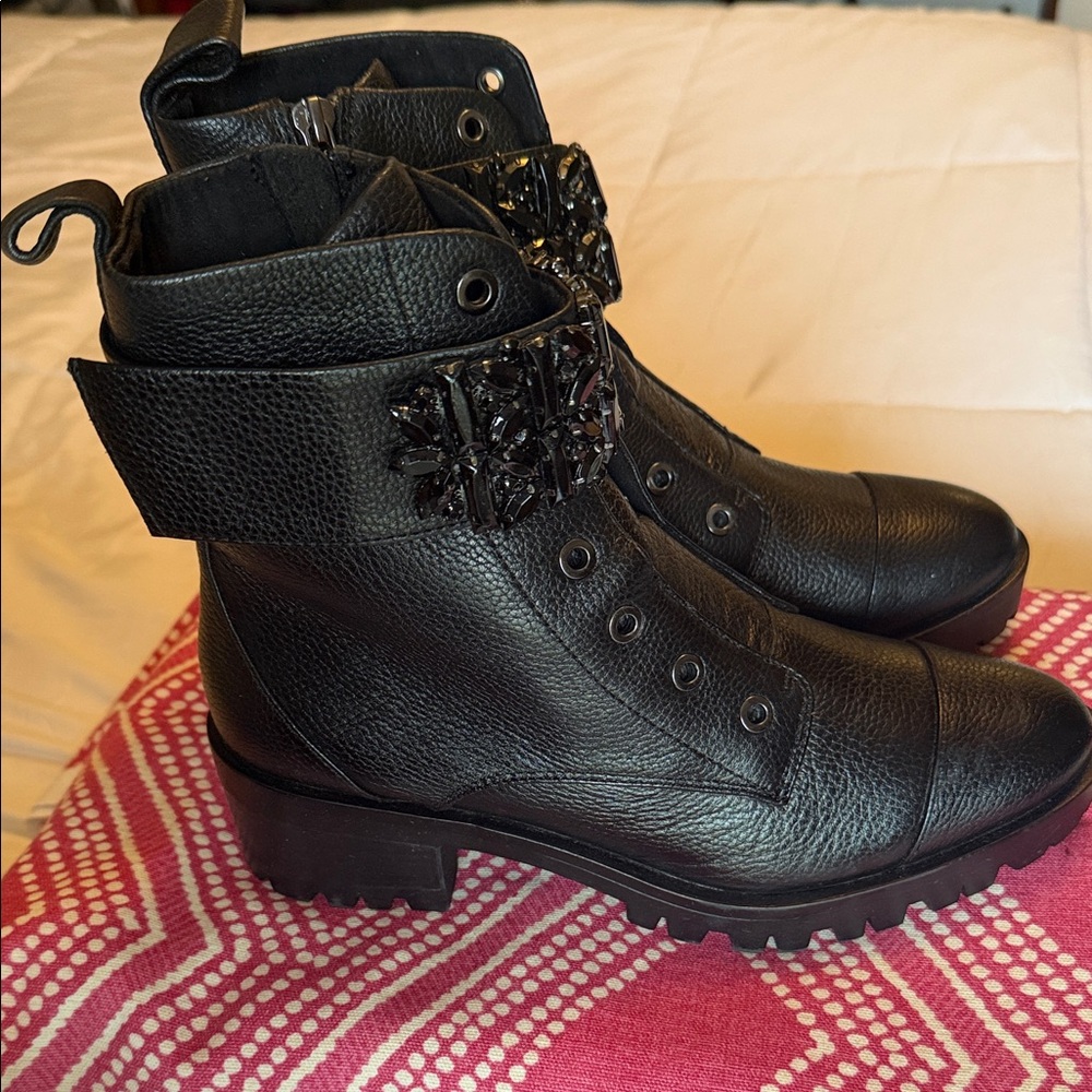 Karl Lagerfeld Black Embellished Combat Boots Sz 7.5